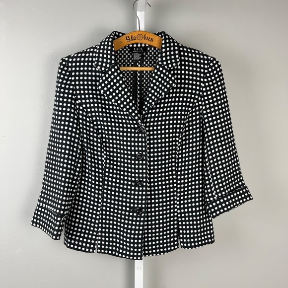 Vintage R.Q.T. Black White Polka Dot Knit Blazer Jacket Womens PM Fitted Y2K - Picture 1 of 8